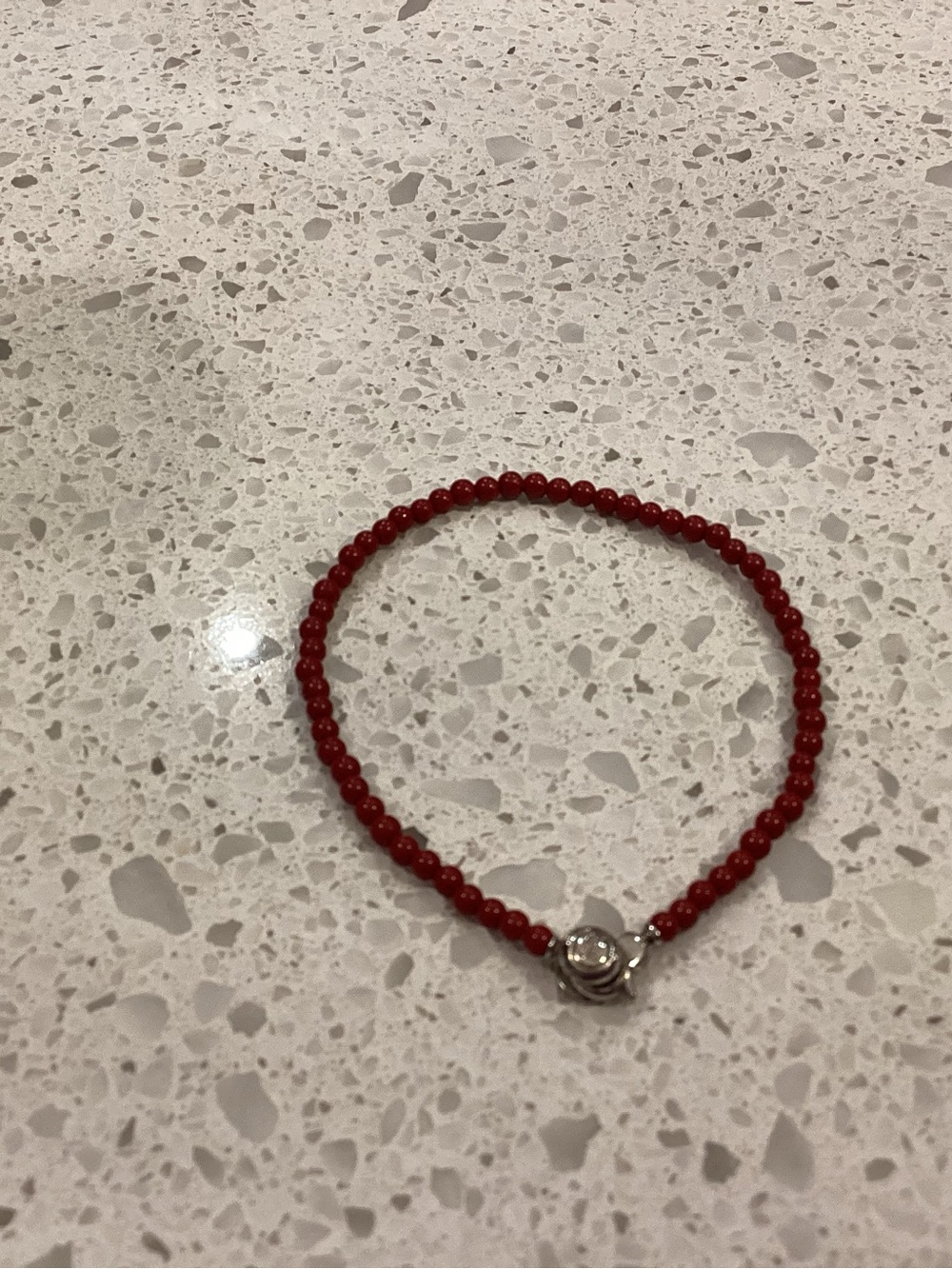 Delicate Red coral  Beaded Bracelet with Silver Flower Accent